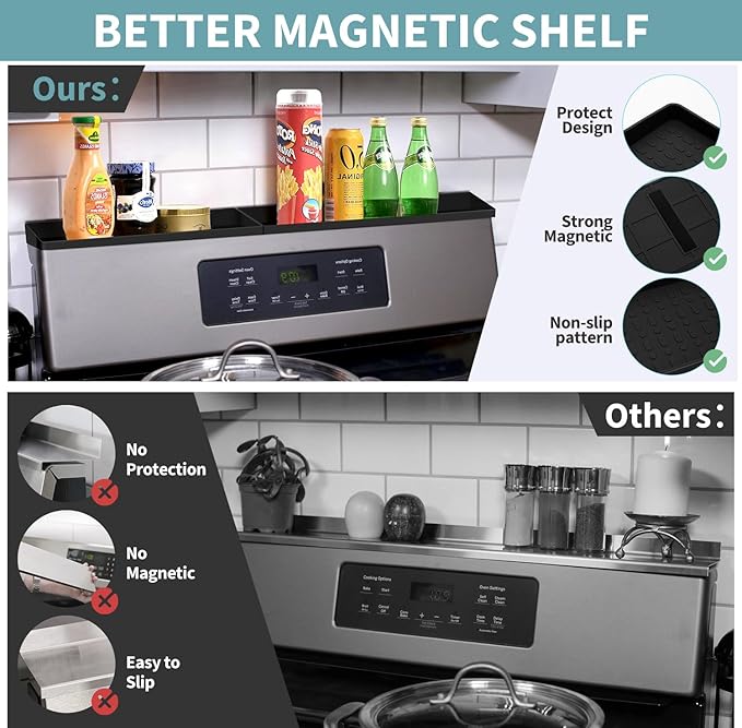 BFONS 30" Magnetic Stove Top Shelf Spice Rack Storage, Silicone Top Heat Material Stove Rack Seasoning Organizer Kitchen Gadgets Kitchen Organization（Black）