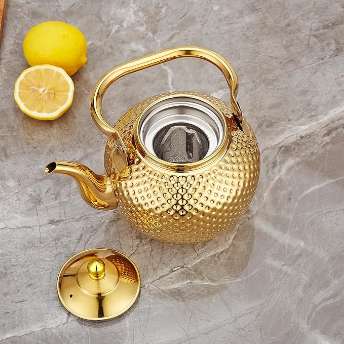 SANQIAHOME 1200ml teapot with Infuser stainless steel Water Boilers lifting handle Tea Maker Water Kettle for Induction/Gas gold