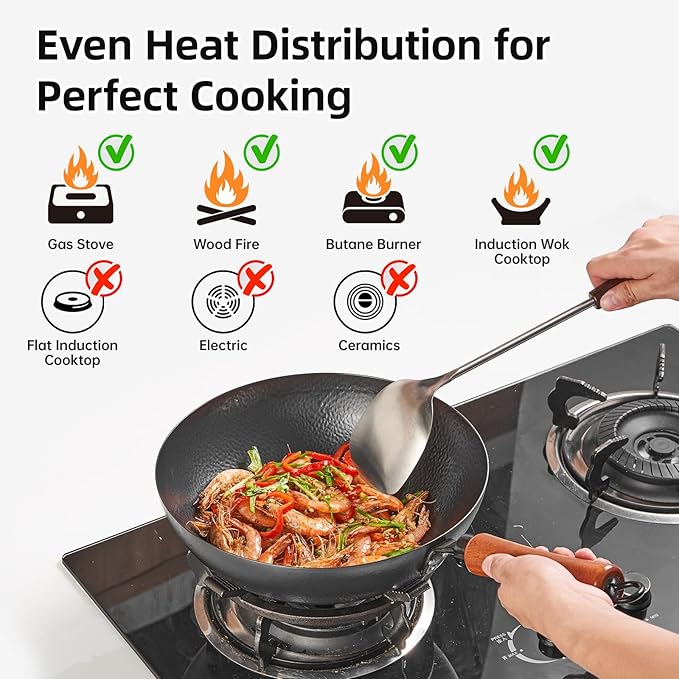 11 Inch Iron Wok, Cold-Forged Iron Wok with Glass Lid, Heavy-Duty Stir Fry Pan, Round Bottom Wok Pan with Wooden Handle for Gas Stoves and Round-Bottom Induction Stovetop