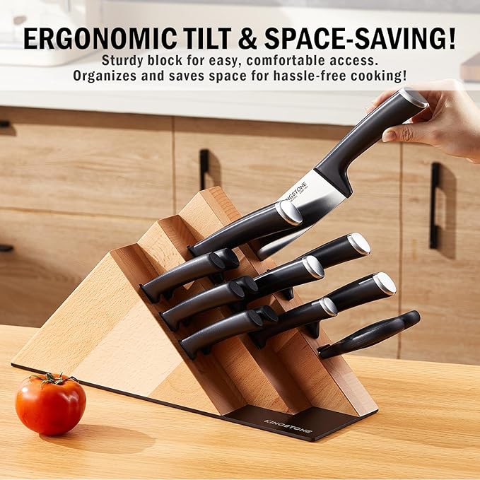 KINGSTONE 14-Piece Knife Block Set, High-Carbon Stainless Steel Knives with Ergonomic Non-Slip Handles, Ultra Sharp & Dishwasher Safe, Natural