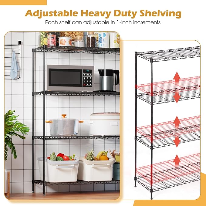 4-Shelf Storage Shelves Metal Shelving Unit NSF Garage Storage Rack Adjustable Wire Shelves Organizer for Kitchen Closet Basement, 800 LBS Capacity, 35.4" L x 13.3" W x 53.7" H, Black