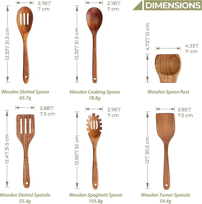 OOZi Wooden Spoon for Cooking Set – Premium 6-Piece Acacia Wooden Utensil Set with Spoon Rest, Nonstick Safe Spoons & Spatulas for Stirring, Serving, Tossing Salad & Kitchen Gifts