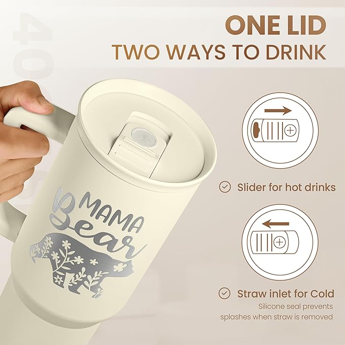 Mom Tumbler with Handle 40oz, Mama Bear Cup Stainless Steel Insulated Tumblers Coffee Travel Mug, Gifts for Moms from Daughter Son, Best Mother Gift for Christmas Birthday Mothers Day