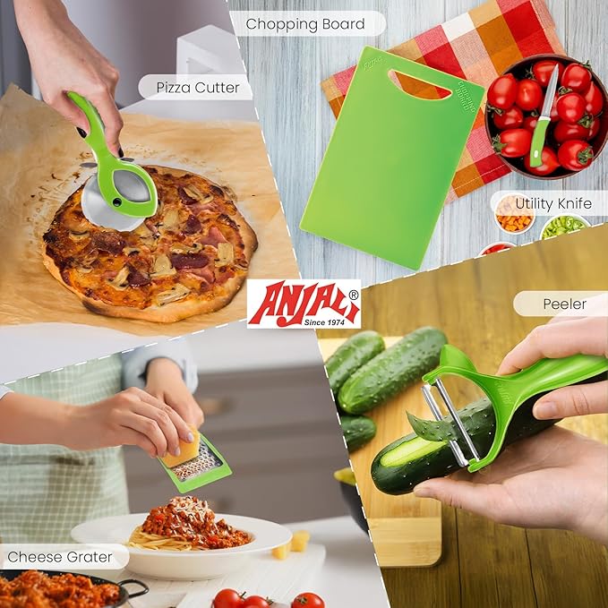 Anjali 5-Piece Kitchen Tool Set – Chopping Board, Cheese Grater, Peeler, 9" Utility Knife & Pizza Cutter | Essential Cooking Tools for Slicing, Peeling, Grating & Cutting