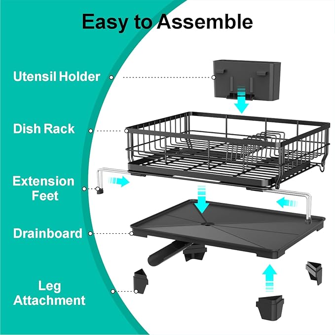 Swedecor Extendable Dish Drying Rack, Large 2-in-1 Dish Racks for Kitchen Counter with Drainboard & Pan Slots, Anti-Rust Over Sink Dish Drainer, 12.6" to 22.4" L x 16.7" W, Black