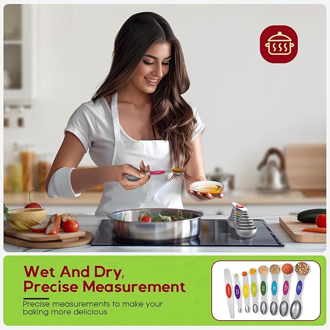 Magnetic Measuring Spoons Set Of 8, Heavy Duty 304 Stainless Steel Metal, Fits in Most Kitchen Spice Jars for Baking & Cooking, BPA Free,Measuring Dry & Liquid Ingredients (Light Colorful)
