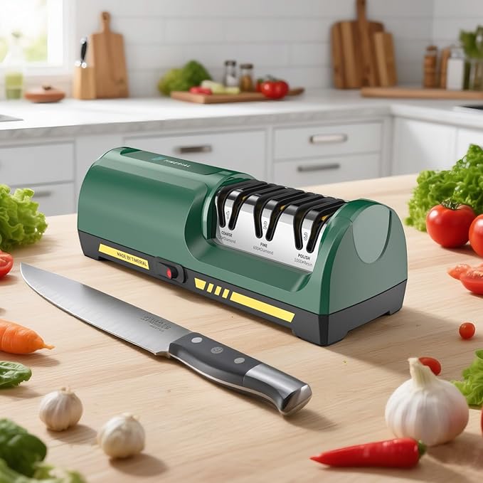 Electric Knife Sharpener 3 Stage Diamond Abrasives Disc 15° Precision Angle Guide, for Sharpening and Polishing Steel Kitchen Knives or Ceramic Knives,120 Grit and 600 Grit and 1000 Grit