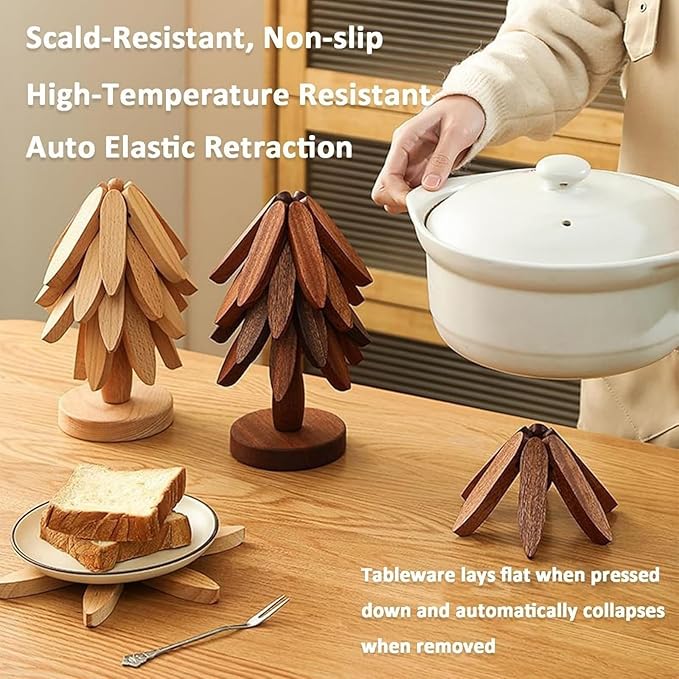 Natural Tree Trivet Set 4 Wooden Trivets and 1 Stand Like a Christmas Tree Wooden Hot Pads Heat Resistant Trivets for Kitchen Table Decor (Log-5 Piece)