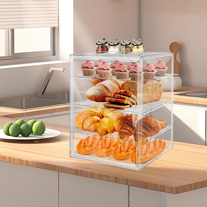 15.5 x 11.4 x 9.8 Inch 4-Tier-Party Display Case, Bakery Display Case Countertop,Adjustable Clear Bread Storage with Magnetic Door Bakery Pastry Display, Cookies and Donuts
