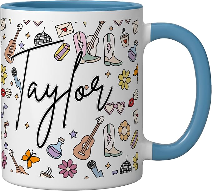 Girl Retro Taylor First Name Coffee Mug for Men Women Ceramic Mug, Blue/White