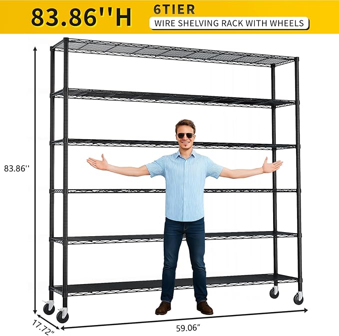 Karl home 6-Tier Adjustable Metal Storage Shelves, Wire Shelving Unit with Wheels & Leveling Feet, Heavy Duty Garage Shelving, Pantry & Kitchen Display Shelf Organizer, Home Storage Rack