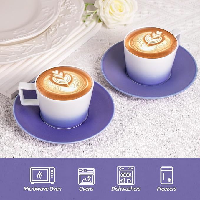 KAMMAK Ceramic Coffee Cups and Saucers Set of 2, Porcelain Espresso Cups with Saucers, 7 oz Handcrafted Ceramic Coffee and Tea Cup, Gradient Purple Drinkware for Tea Party, Office, Women Gifts