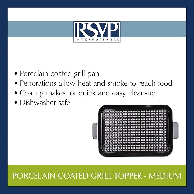 RSVP International Porcelain Coated Steel BBQ Grill Tray/Pan, Outdoor Barbeque Grilling Accessories for Cooking Fish & Vegetables, Dishwasher Safe, Medium, 16.75x10