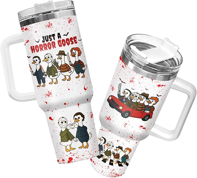 34HD Just a Horror Goose Tumbler 40oz with Handle – Funny Halloween Horror Movie Cup – Insulated Stainless Steel Mug for Goose Lovers, Gifts for Men Women, Spooky Travel Drinkware