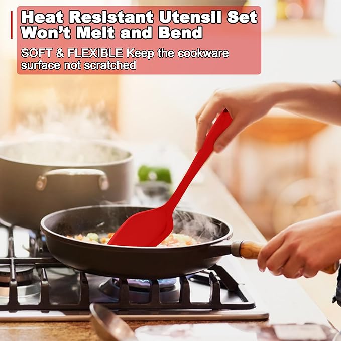 E-far 10 Pieces Silicone Cooking Utensils Set, Heat Resistant Kitchen Utensil Set for Nonstick Cookware, Kitchen Cooking Tools with Spatula, Spoon, Slotted Turner, Non-Toxic & Dishwasher Safe (Red)