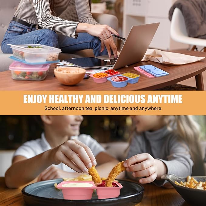 2 Pack Reusable Snack Containers with Lids, Silicone Double Compartment Snack Box Container, Small Mini Snack Pack Containers for Travel, Picnic, Work