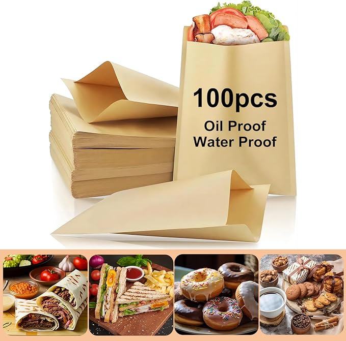 Small Sandwich Bags, oil proof and water proof Paper Snack Bag,Donut Bags To Go, 100 Pcs Small Bakery Paper Bags for Treat, Snack, Cookie Packaging, Brown(12cm*16cm)