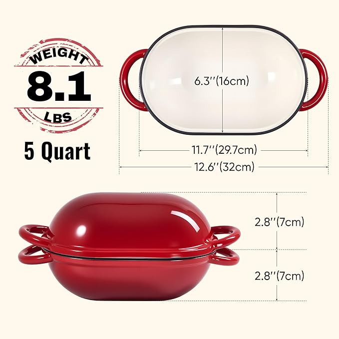 5 QT Oval Dutch Oven for Bread Baking, Enamelled Cast Iron Bread Oven for Sourdough, Sourdough Loaf Pan with Lid, Heavy-Duty Non Stick Bread Pan for Homemade Bread Baking, Red