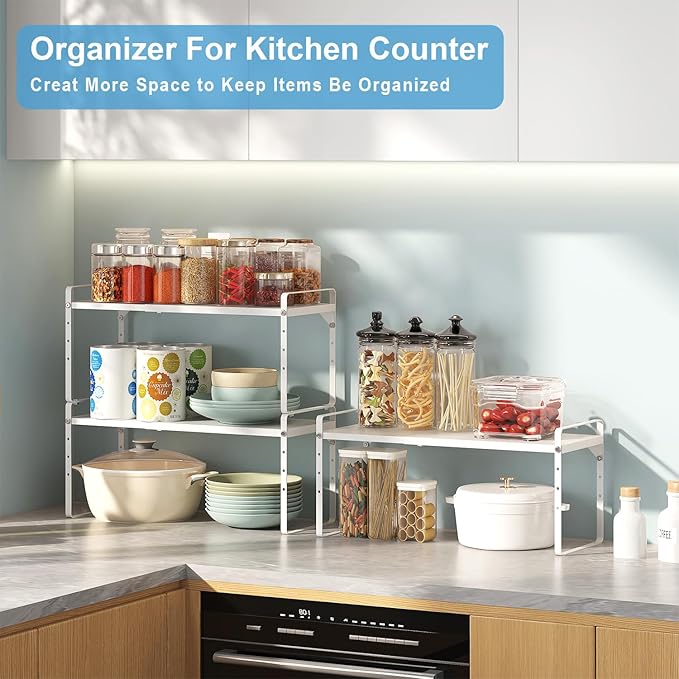 15.5 to 25.5 Inch Expandable Kitchen Cabinet Organizer Shelf, 30 LBS Heavy Duty Stackable Kitchen Counter Storage Shelves Organizers, 2 Pack Adjustable Small Storage Shelf Rack for Cabinet Cupboard