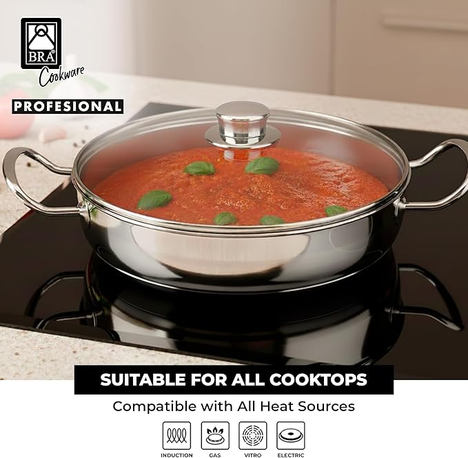 BRA COOKWARE Profesional Sauté Pan w/Glass Lid | 10.2 inches - 3.2 quarts Professional Deep Pan | Stainless Steel Sauté Pan | All Stovetop Compatible | 100% PFOA Free | Brushed Finish