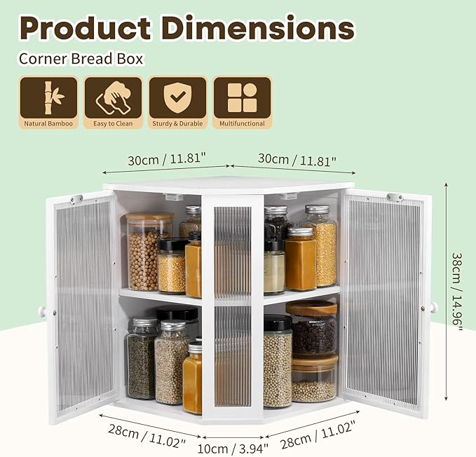 Corner Bread Box for Kitchen Countertop - Bamboo Large Capacity Bread Storage Bin with Acrylic Wavy Door Panel,Dual Door Bread Organizers Under Cabinet Mount Shelf (White)