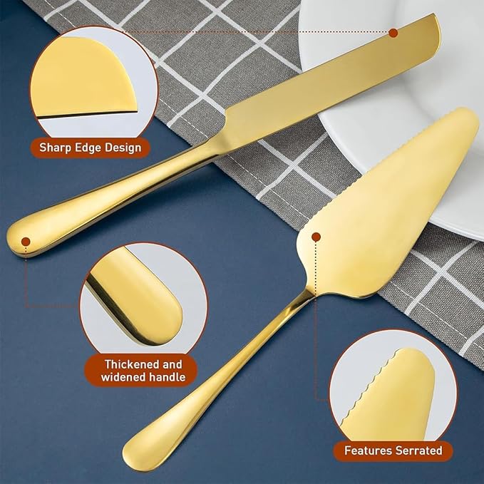 Pie Server and Cake Server Stainless Steel Set - Serrated Spatula with Elegant Ergonomic Handles for Cutting and Serving Desserts, Brownies, Lasagna (Gold)
