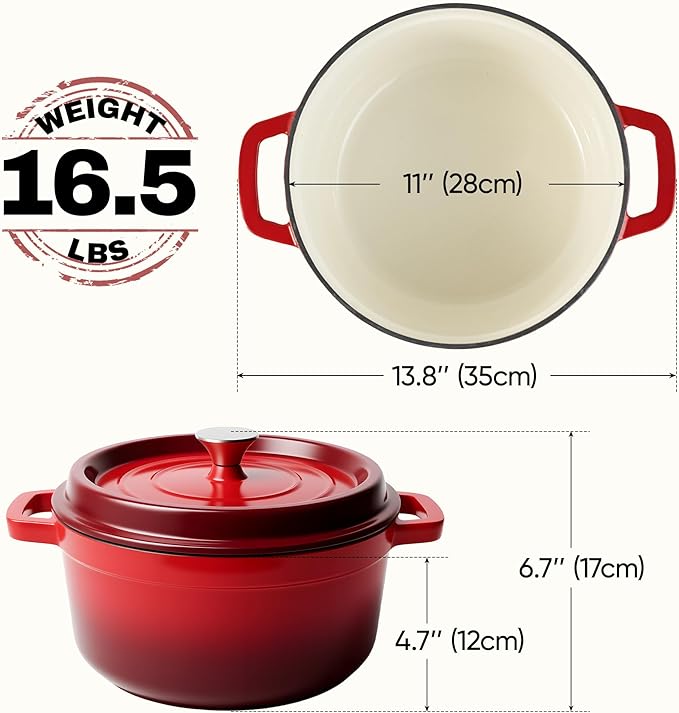 6.5 Quart Dutch Oven Pot with Lid, Non Stick Enameled Cast Iron Dutch Oven for Bread Baking, Heavy-Duty, Oven Safe Ceramic Cookware Up to 500°F for Baking, Braising, Stews, Roasting, Red