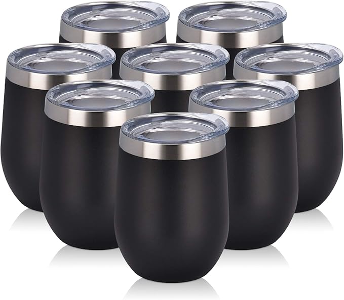 8 Pack 12Oz Stainless Steel Wine Tumblers, Insulated Wine Tumbler, Double Wall Insulated Wine Glass, Stainless Steel Stemless Wine Cups with Lids for Coffee, Wine, Cocktails, Champaign, Black