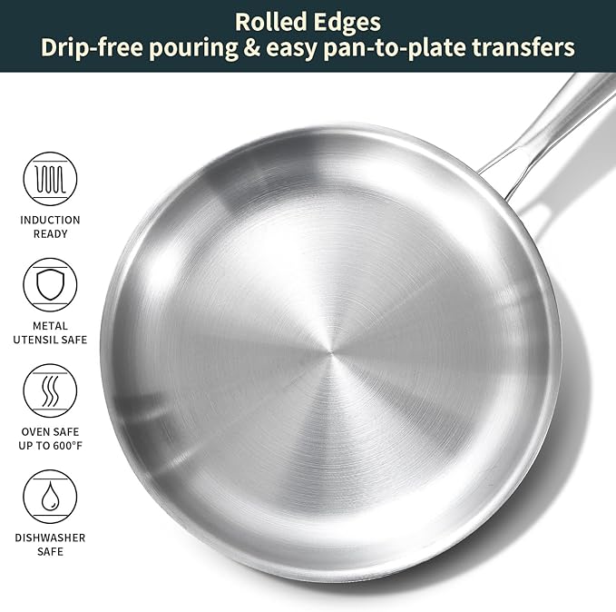 DELARLO Tri-ply Stainless Steel Frying Pan Set 8" 10" 12" With 3 Lid Induction large Skillets Chef's Pan,Pots and Pans Set Kitchen Cookware Set Suitable for All Stove