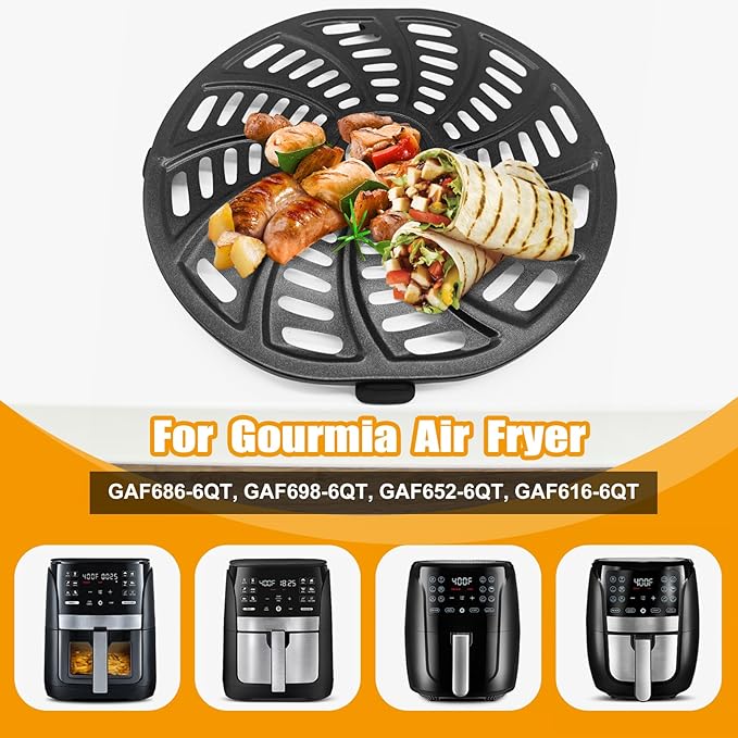 GXF Air Fryer Accessories for Gourmia GAF686 GAF698, Oval Nonstick 9.3''×8.9'' Air Fryer Replacement Parts Rack Tray Basket Grill Pan Grill Plate Crisper Plate with Rubber Bumpers