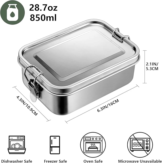 Leonyo 2Pack 28oz Bento Box, 18/10 Stainless Steel Bento Lunch Box with 4 Dividers, 850ml Small Leak-Proof Food Snack Containers for Sandwich, Dishwasher Safe, Oven Safe Except for Lid