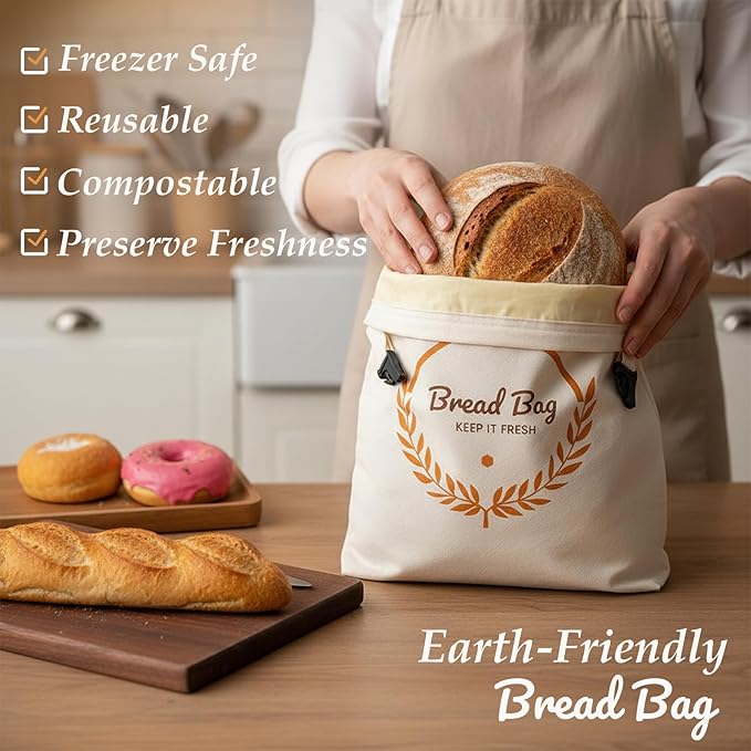 PIPI&TITI Reusable Beeswax Bread Bag for Homemade Bread (2-packs),Zippered Bread Bag for Sourdough Storage,17x12.6 inches Food Storage,Portable Cotton and Beeswax Bag,Freezer-Friendly