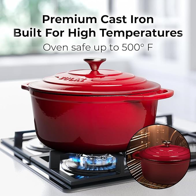 Zulay Kitchen 6 Quart Enameled Cast Iron Dutch Oven Pot with Lid – Premium Durability & Oven Safe up to 500°F – Heavy Duty Cookware Perfect for Bread Baking, Stews, Braising & Roasting – Red