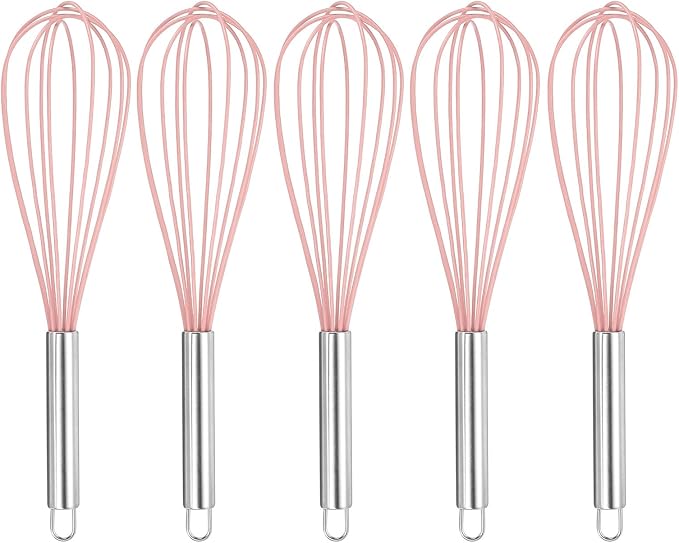 HARFINGTON 5Pcs Silicone Whisk 12" Kitchen Whisk Wire Whisks Beater with Stainless Steel Handle for Egg Milk Whisking Blending Beating & Stirring, Pink