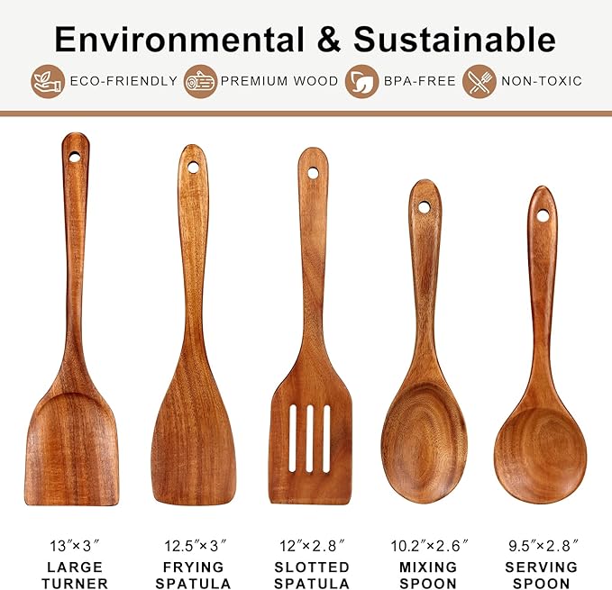 Wooden Kitchen Utensils Set 5 Piece Teak Wood - Non Scratch & Non Toxic Cooking Tools with Turner, Slotted Spatula, Angled Spatula, Serving Spoon, Salad Spoons