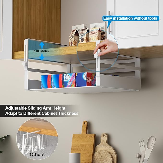 2 Pack Under Shelf Storage Basket Organizer,Adjustable Hanging Under Cabinet Add-on Storage Racks Slide-in Baskets Organizer for Laundry Room Kitchen Pantry Desk Bookshelf, White