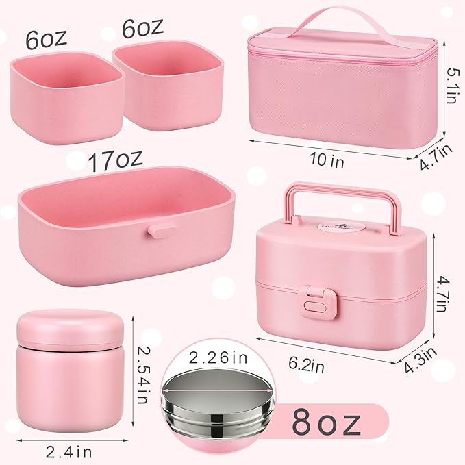 Bento Lunch Box for Kids with 8oz Soup Thermo,2 Leak-Proof Food Containers, a Lunch Bag, Kids Thermo Insulated Hot Food Jar for School, Travel-Pink
