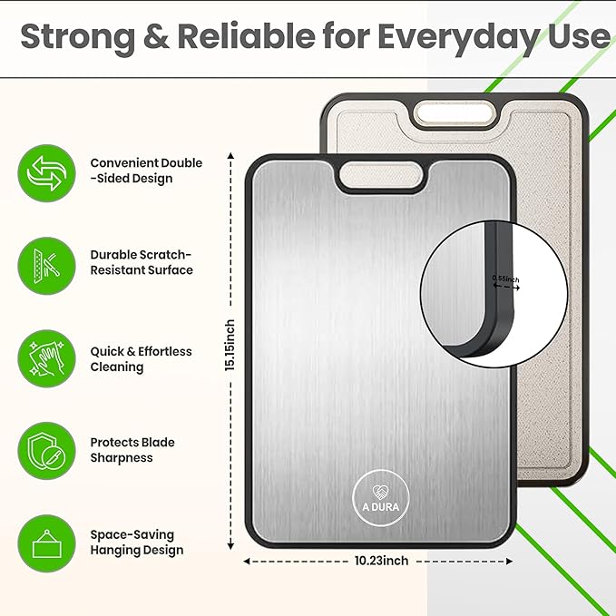A DURA Titanium Cutting Board with Double-Sided Design - Pure Titanium, Wheat Straw PP, Juice Groove Garlic, Grinding Zone Chopping Board for Meat, Vegetables & Fruits, Dishwasher Safe, Easy to Clean,