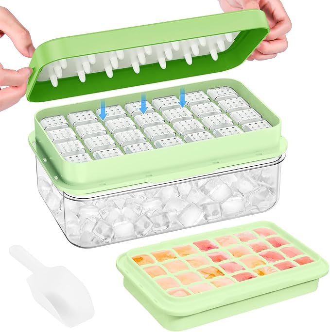 Ice Cube Tray with Lid and Bin, 28 pcs Ice Cubes Molds, Ice Trays for Freezer, Ice Cube Tray Mold, with 1 tray, Ice Freezer Container, Spill-Resistant Removable Lid & Ice Scoop, for Whiskey,Cocktail