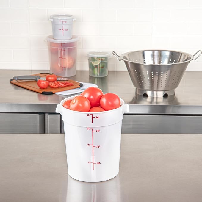 Restaurantware-Met Lux 4 Quart Food Storage Containers, 10 White Storage Containers - Lids Sold Separately, Red Volume Markers, Dishwashable Containers, Side Handles, For Storing Foods