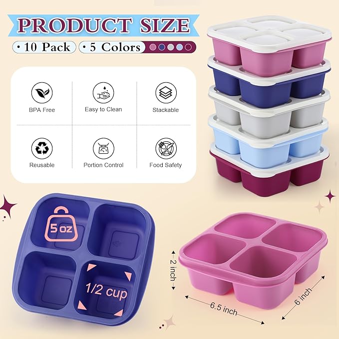 Honeydak 10 Pack Snack Container 4 Compartment Reusable Bento Snack Boxes Divided Lunchable Containers with Lids Meal Prep Lunch Food Storage Boxes for School Work Travel(Elderberry Color)