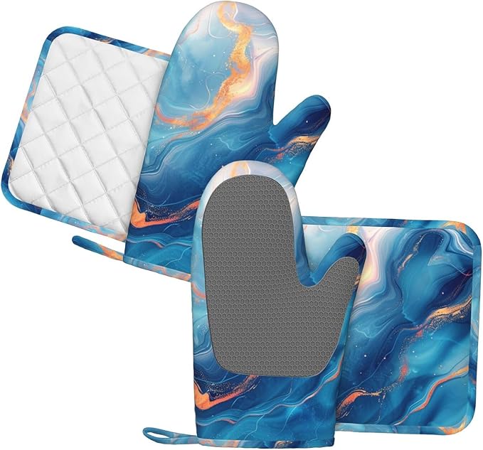 Oven Mitts and Pot Holders Blue Gold Marble Silicone Kitchen Accessories Set of 4 Heat Resistant Long Gloves Potholder Non-Slip Grip for Chef Cooking Baking Grilling BBQ