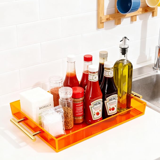 Acrylic Serving Tray with Handles Large Ottoman Food Decorative Tray for Coffee Table Tea Fruit Snack Kitchen Bar Platter, 17x13’’, Neon Orange