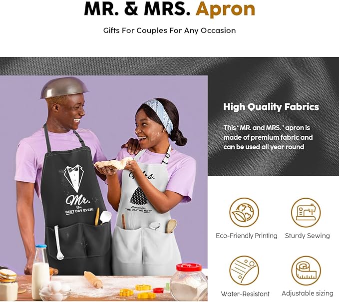 Couples Apron Set - Wedding Engagement Gifts for Couples, Funny Kitchen Gifts for Couples, Bridal Shower Gifts, Christmas