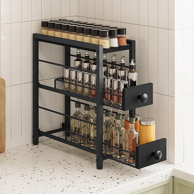 Spice Rack, 3-Tier Pull Out Spice Rack Organizer for Countertop, Narrow Kitchen Countertop Storage Shelf with 2 Drawers, for Kitchen, Cafe, Black SR02BB