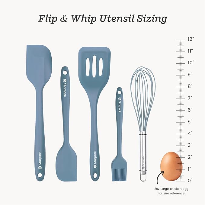 Starpack 'Flip & Whip' Premium Silicone Baking Utensils Set (5 Pcs) - 10" Blue Cooking Utensils with Large and Small Spatulas, Whisk and Basting Brush - Heat Resistant to 600°F - Baking Tool Set