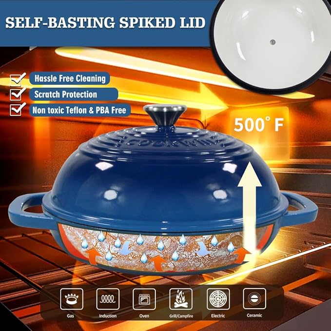 Enameled Cast Iron Dutch Oven with Lid, 11" Dutch Oven Bread Baking Kit, 6 Quart Blue Thick Enamel Bread Pan, Silicone Baking Mat - Family Gifts