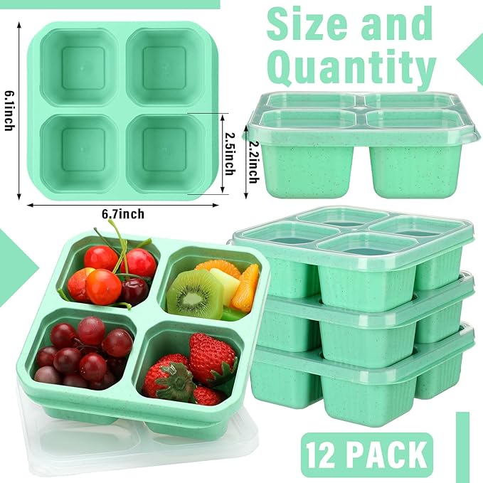12 Pcs 4 Divided Compartments Snack Containers Bento Wheat Straw Snack Box with Lid Reusable Meal Prep Lunch Box Food Storage Containers for Adults Christmas Travel Work Gifts(Green)