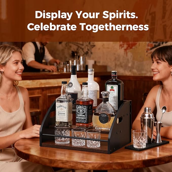 Liquor Bottle Display Shelf, 3 Tier Countertop Wine Rack, Coffee Syrup Rack Organizer Mini Bar Home, Whiskey Organizer with Handles, Retro Bar Shelf Stand for Liquor Spirits