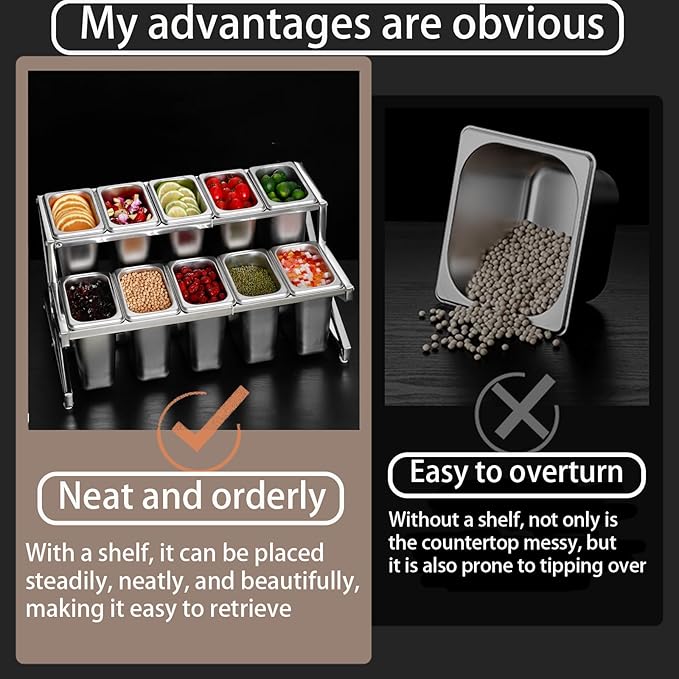 Two Tier Adjustable Stainless Steel Spice Organizer Set of 10 Pots with Spoons Commercial Kitchen Spice Rack Buffet Counter Milk Tea Shop Multifunctional Shelf (Double Flat)